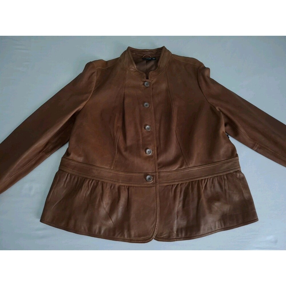 ANA Genuine Leather Jacket Brown Peplum Stand Collar Women’s Vtg 1X Luxury